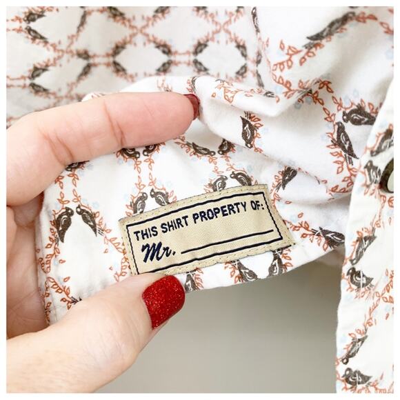 Fossil Button Down Floral/Bird/Vine Print White/Brown Long Sleeve Shirt - Picture 5 of 7